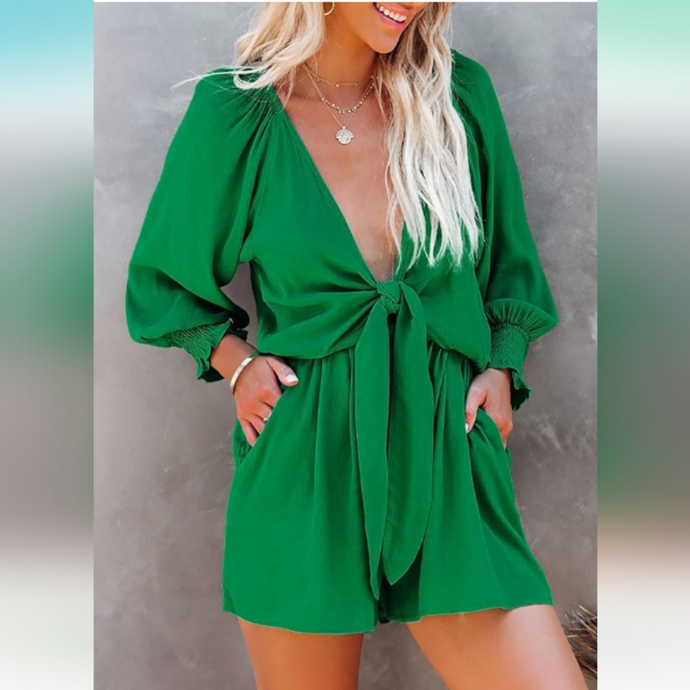 AlvaQ Rompers for Women Dressy Spring Summer Tie Knot Front Sexy V Neck Jumpsuit